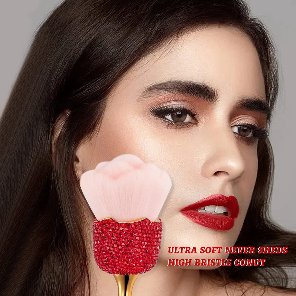 XhuangTech Bling Make Up Brush Crystal Makeup Travel Brushes Blusher Rhinestone Cover Foundation Highlight Blush Cosmetic Tools (Red Rose)