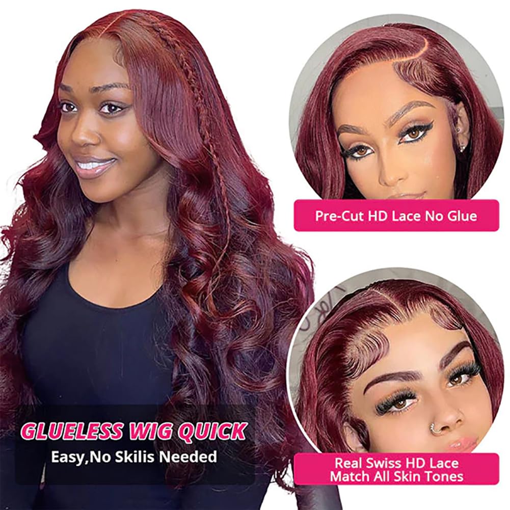 Jewhaut Wear and Go Glueless Wigs Human Hair Pre Plucked Pre Cut for Beginners 99j Burgundy Lace Front Wigs Human Hair Upgraded No Glue 5x5 HD Body Wave Lace Closure Wigs Human Hair for Women 24 Inch