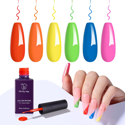 Neon Gel Polish Set 6pcs Solid Gel Liner Nail Polish,Summer Gel Nail Polish Colors,Blue Nail Polish Gel Red Pink Orange,Built in Nail Art Brush,UV Light Cured,10ml Each,French Tip Nail Design Kit