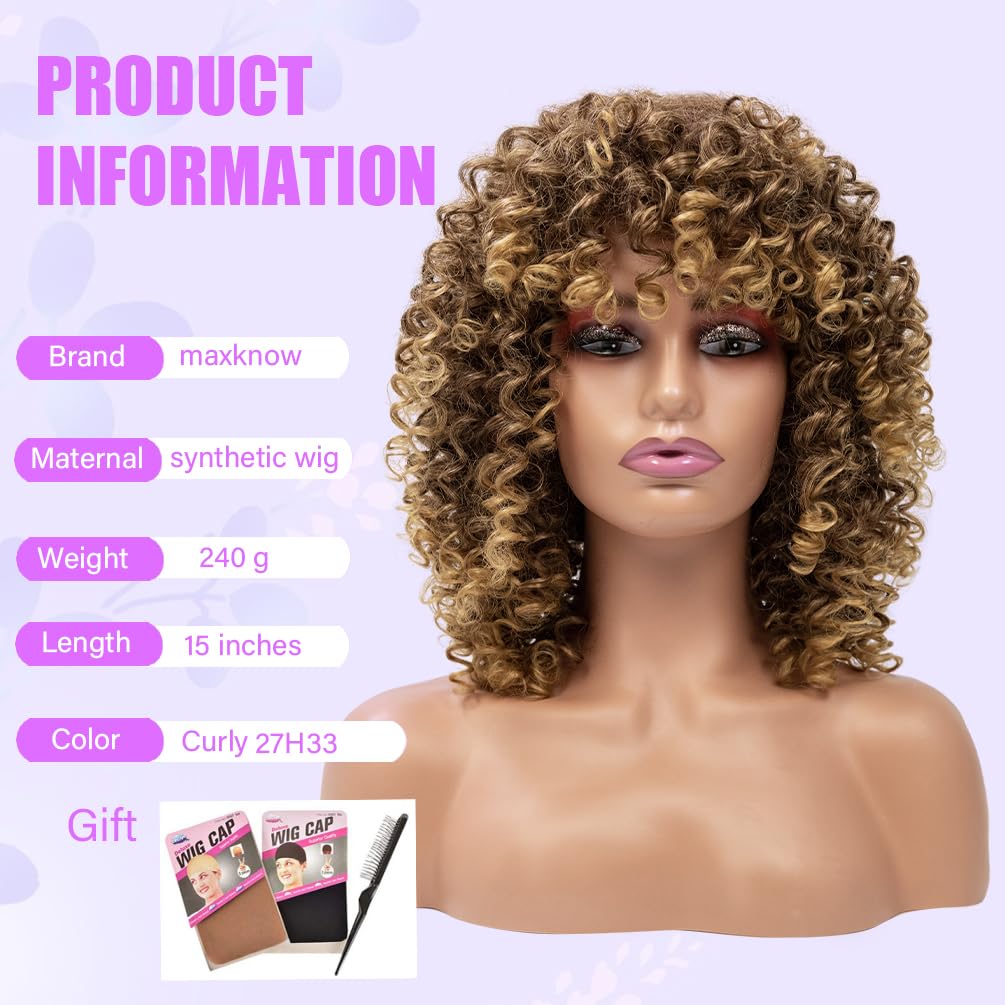 maxknow Curly Wigs for Black Women Fluffy Curly Afro Wig for Women Soft Synthetic Curly Black Wig with Bangs Full Wigs for Women Daily Use (#27H33 Brown Mixed Blonde)