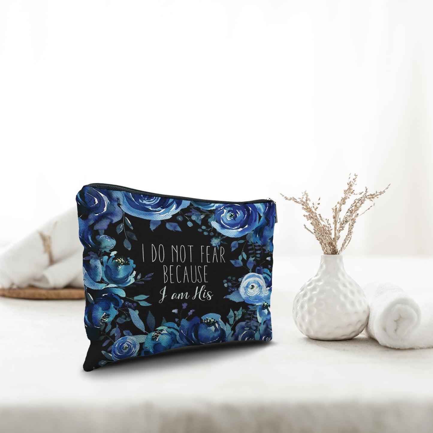 Nogrit Christian Inspirational Makeup Bag Cosmetic Bags for Women, Blue Floral Makeup Bag, Christian Gifts for Women Faith, Religious Bible Verse Small Makeup Cosmetic Bag for Purse, I Do not Fear