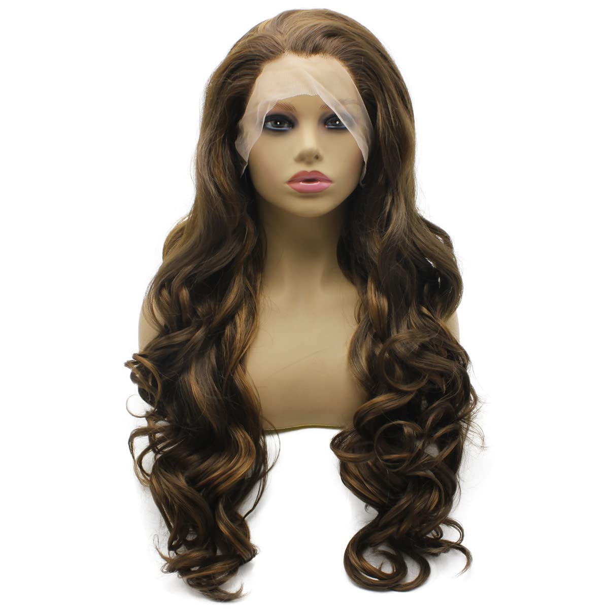 Iewig Long Wavy Highlight Brown Natural Lace Front Wig Synthetic