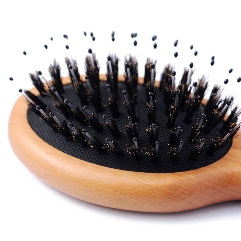 Hair Brush Mini Boar Bristle Hairbrush for Thick Thin Straight Curly Hair, 2 Pcs Natural Beech Wood Handle Cushion Massage Detangling Hair Brush for Men Women Gilrs Boys