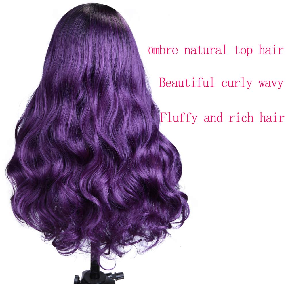 Fancy Hair Ombre Wig Purple Wigs Long Curly Wavy Hair Wigs Heat Resistant 2 Tones Dark Roots Synthetic Wigs for Black Women Daily Party Cosplay