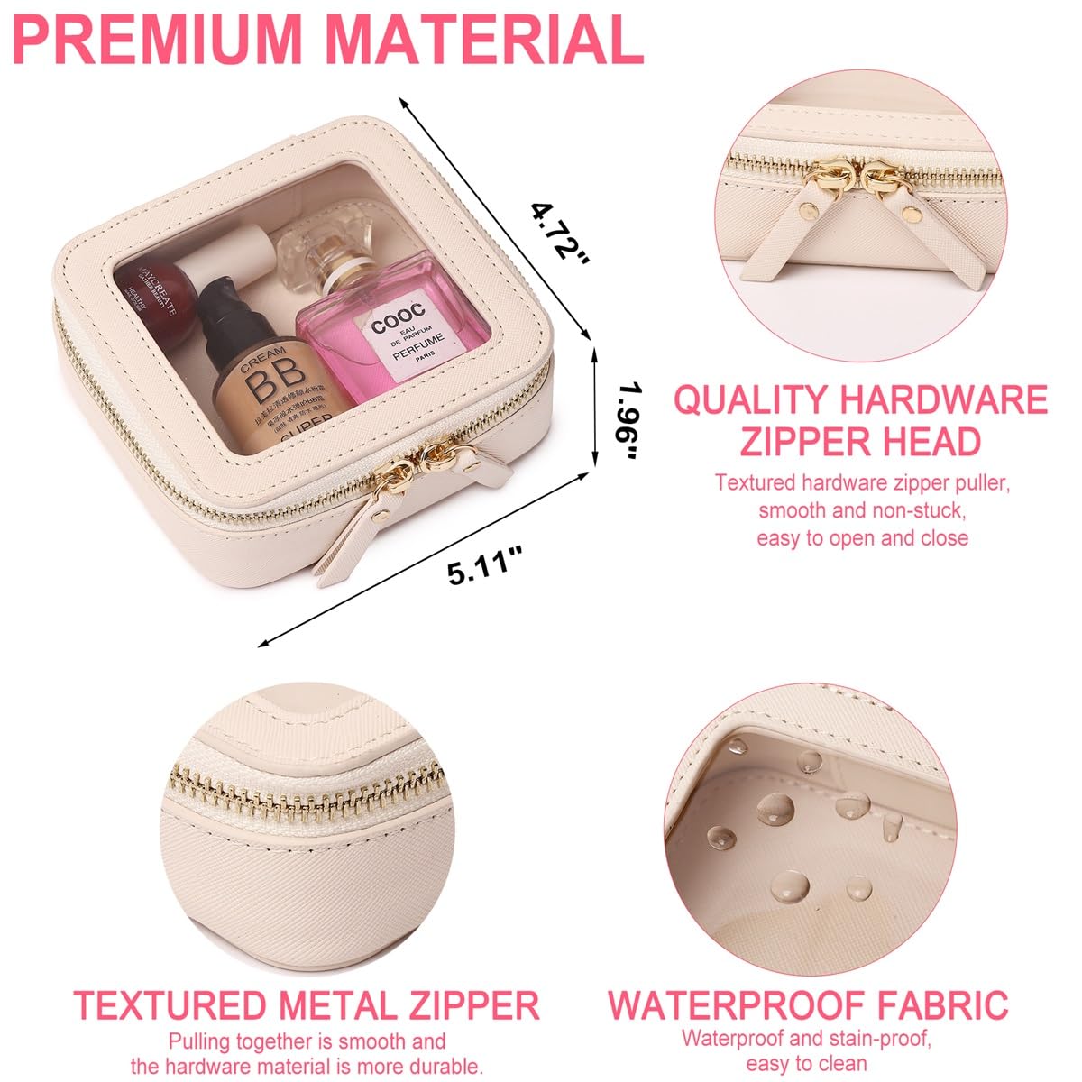 Pinkmik Clear Mini Makeup Bag Transparent Travel Cosmetic Makeup Case & Toiletry Bag for Women Clear Car Bag (C/Beige, MINI)