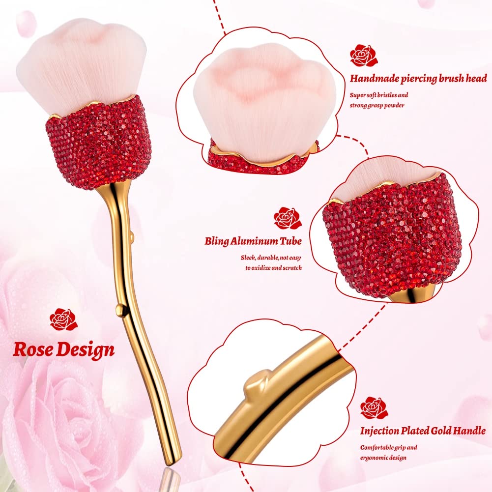 XhuangTech Bling Make Up Brush Crystal Makeup Travel Brushes Blusher Rhinestone Cover Foundation Highlight Blush Cosmetic Tools (Red Rose)