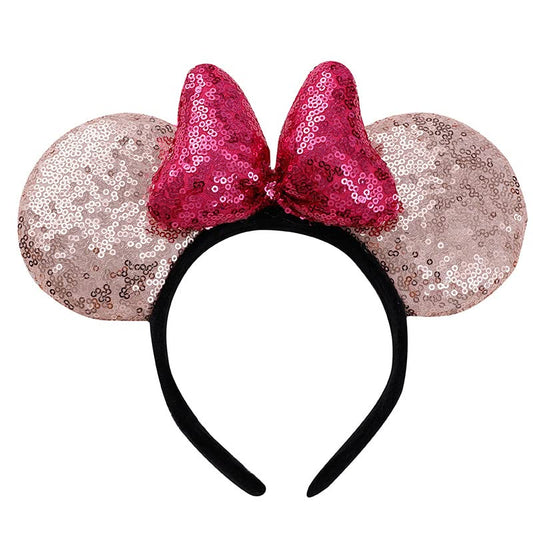 YOVECATHOU Mouse Deluxe Ear Bow Headbands Sequins Hairbands Women Hair Accessories For Cosplay Costume Party (Champagne Rose Red)