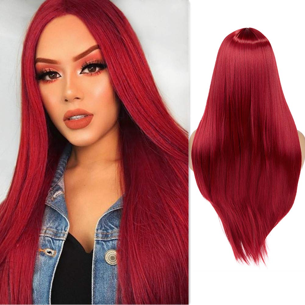 WIGER Red Wigs For Women Long Straight Red Hair Wig Middle Part Synthetic Colored Mermaid Cosplay Wig No Lace Nature Looking Girls Red Costume Full Wigs