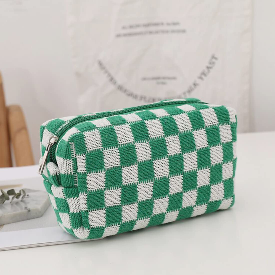 SxoSyo 2 Pcs Cosmetic Bags for Women Makeup Bag Purse Travel Toiletry Zipper Storage Pouch Make up Brushes Organizer for Gifts (Checkered, Green 2)