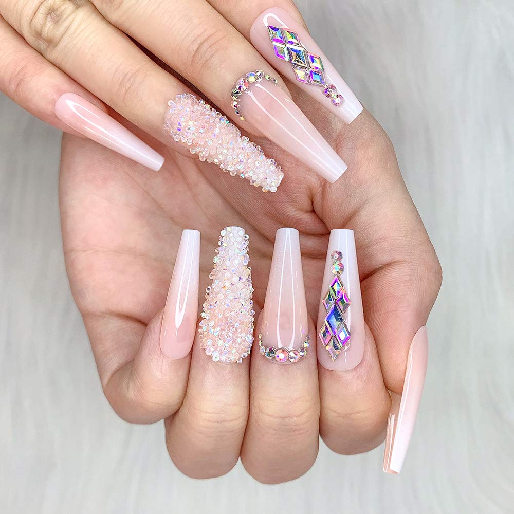 Artquee 24pcs French Nude White Ballerina Flash Diamond Crystal Long Glossy Coffin Flash Fake Nails Press on Nail False Tips Manicure for Women