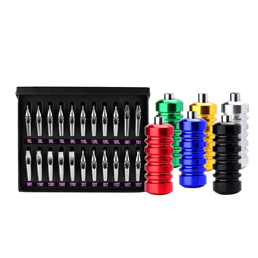 22pcs Tattoo Stainless Steel Tip Set Kit Round/Flat/Diamond RT FT DT Tube + 6 Grips