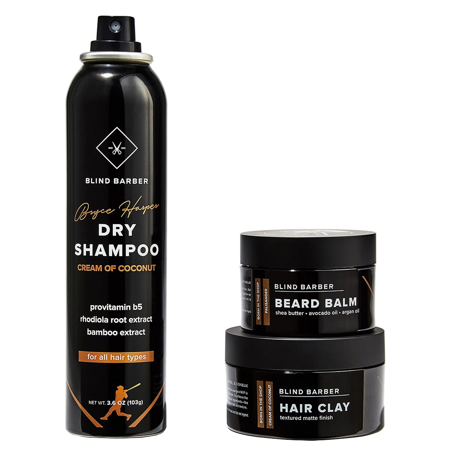 Blind Barber Bryce Harper Signature Series Gift Set - Men’s Hair, Beard & Grooming Kit with Dry Shampoo, Beard Balm, & Hair Clay Styling Paste for Men (3 Piece Set)