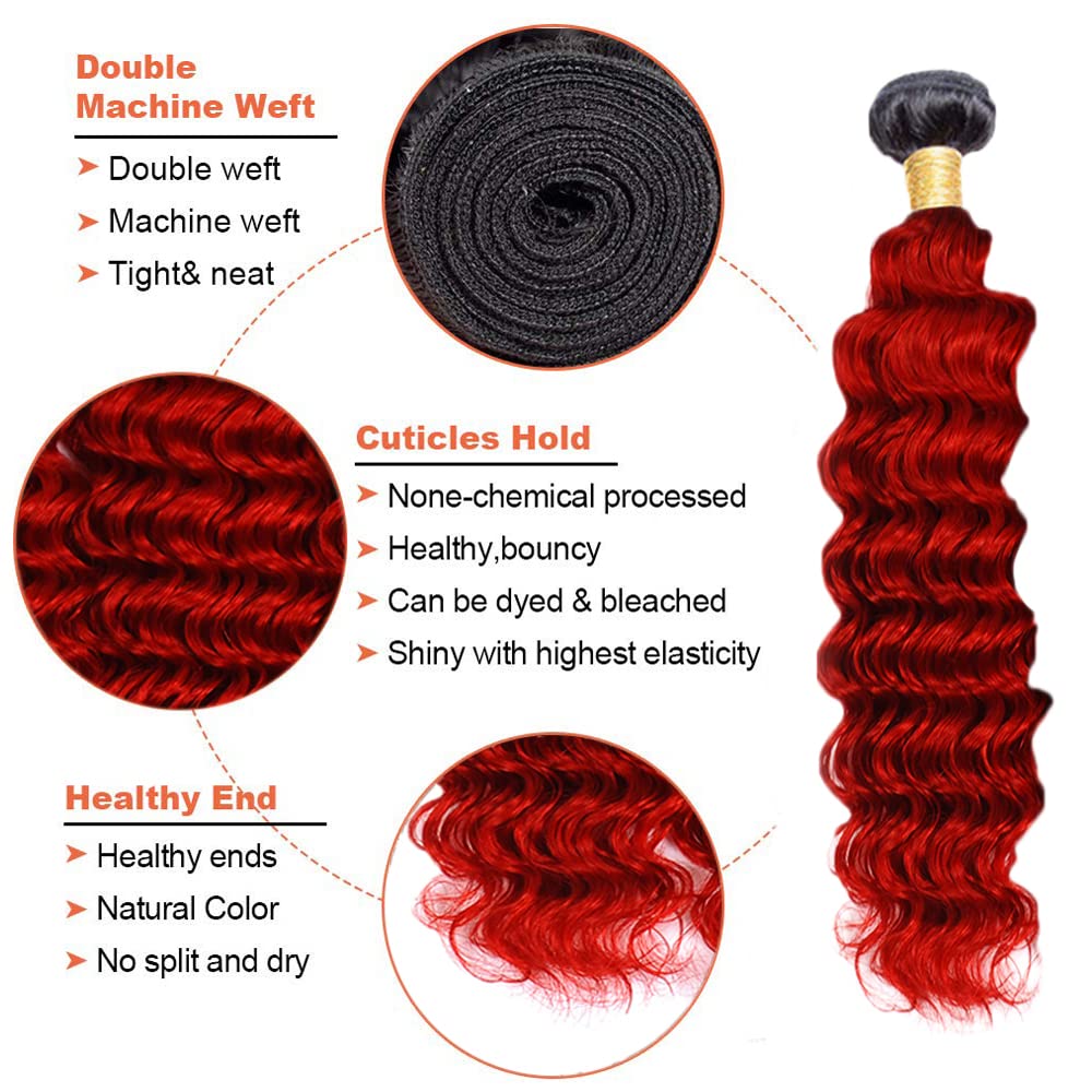 12 14 16 Inch Bright Red Human Hair Bundle Ombre Deep Wave Bundles Brazilian Virgin Remy Human Hair Extensions 2 Tone 1B/Red Deep Wave Bundles Human Hair Weave