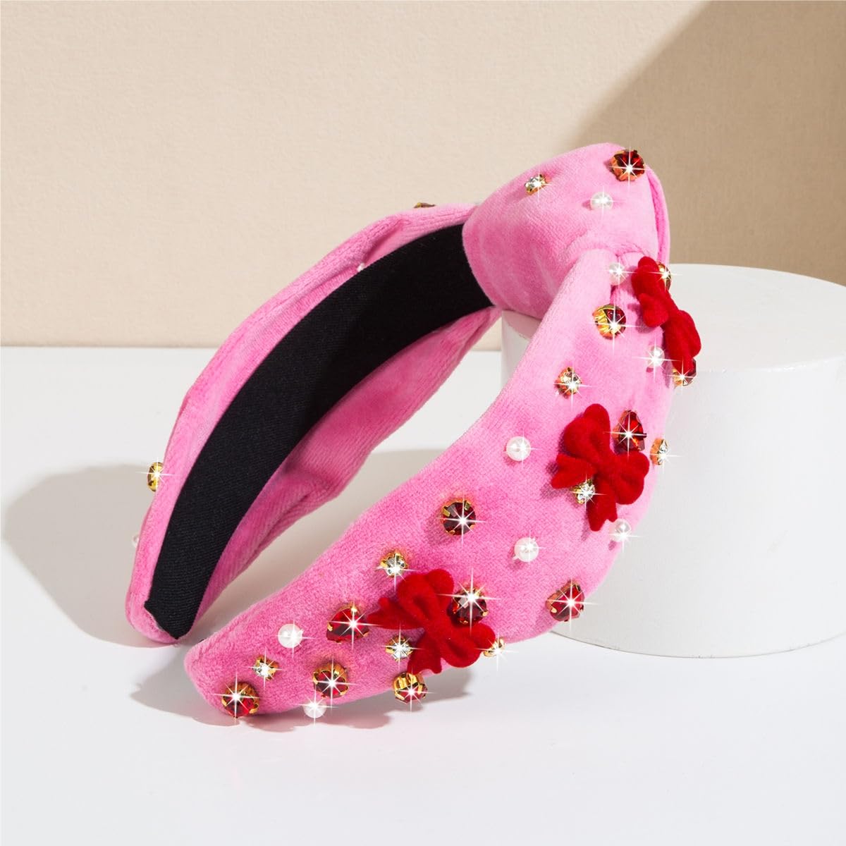 NINTHVEEN Headband For Women pink Love Heart headband Red Rhinestone Jeweled Crystal Knotted Headband Valentine's Day Gifts For Her