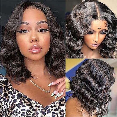 Pickone Bob Wig Human Hair Wigs For Black Women13x4x1 Glueless Lace Front Wigs Human Hair Pre Plucked Short Bob Body Wave Lace Closure Wigs Loose Wave Wigs Brazilian Virgin Remy Hair Wig 14inch