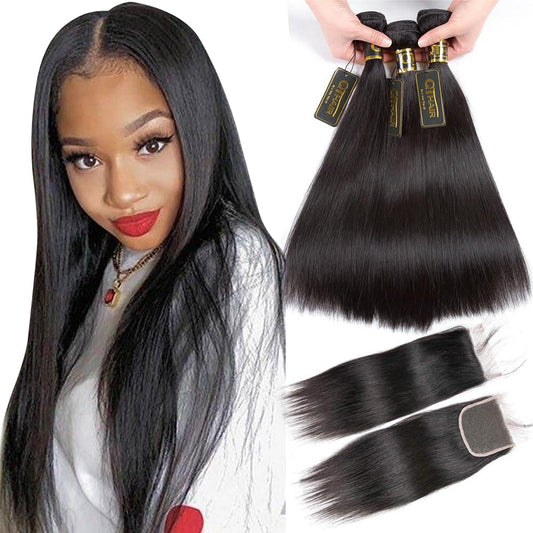 QTHAIR 14A Grade Brazilian Straight Human Hair Bundles with Closure(14" 14" 16"+12"Free Part Lace Closure,Natural Black) 100% Unprocessed Brazilian Virgin Hair Extensions for All Women