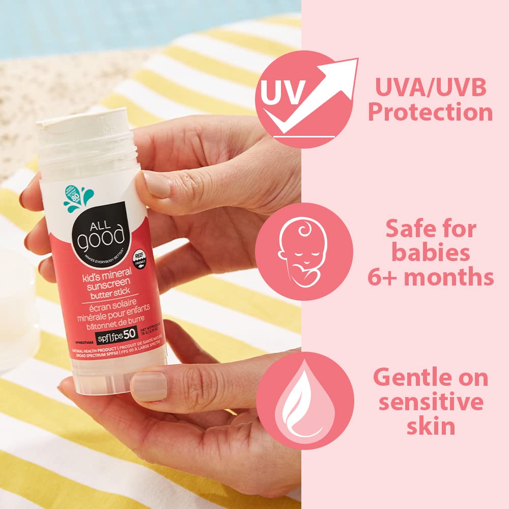 All Good Baby & Kids Mineral Sunscreen Butter Stick for Face, Nose, Ears - UVA/UVB Broad Spectrum SPF 50, Coral Reef Friendly, Water Resistant, Zinc Oxide, Vitamin E (2.75 oz)(2-Pack)