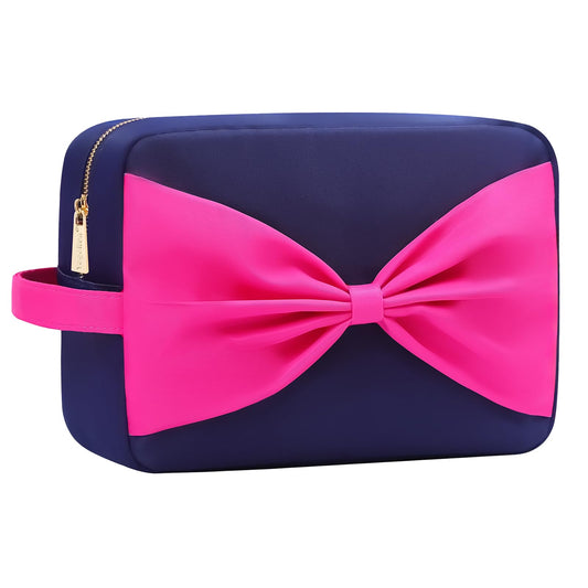 YogoRun Makeup Bag Large Preppy Stuff Bag Makeup Organizer Toiletry Bag Skin Care Bag Cosmetic Pouch Toiletry Bags for Traveling Women With Handle and Zipper Pockets (XL, NavyBlue-Bow)