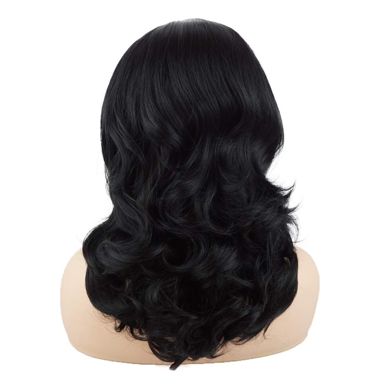 Meiyite Hair Wavy Shoulder Length 16inch Black Half Hand Tied Heavy Density Realistic Synthetic Lace Front Wig