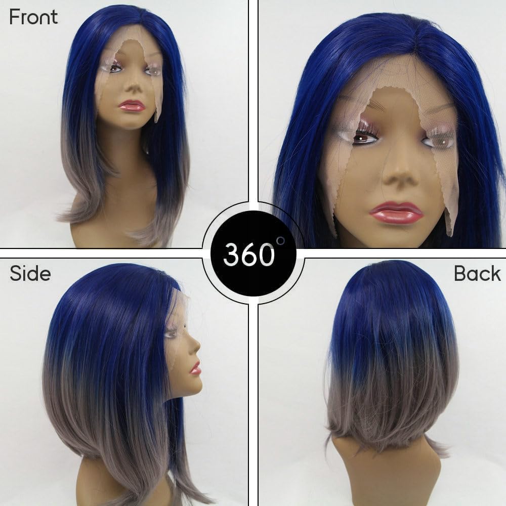 SERENEWIG 14Inches Sapphire Blue Ombre Grey Synthetic Lace Front Wigs for Women Shoulder Length Ladies Drag Queen Short Bob Wigs Summer Haircut for Daily Use Party Holiday Wedding