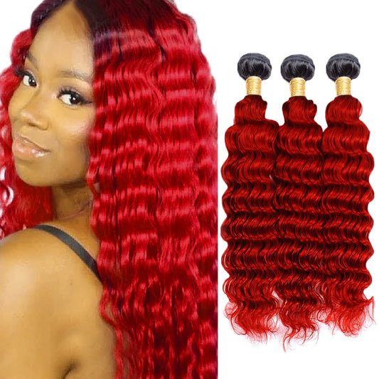 12 14 16 Inch Bright Red Human Hair Bundle Ombre Deep Wave Bundles Brazilian Virgin Remy Human Hair Extensions 2 Tone 1B/Red Deep Wave Bundles Human Hair Weave