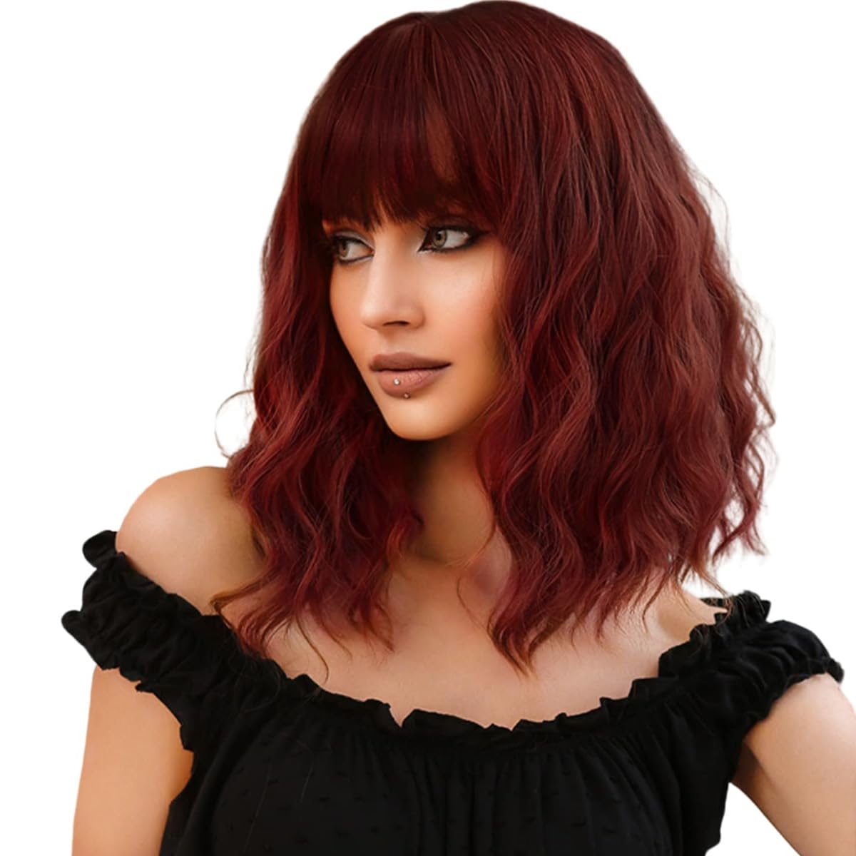 Short Wavy Copper Red Wigs for Women Wig with Bangs Red Color Shoulder Length Bob Wigs Natural Looking Heat Resistant Fiber Wig for Daily Party