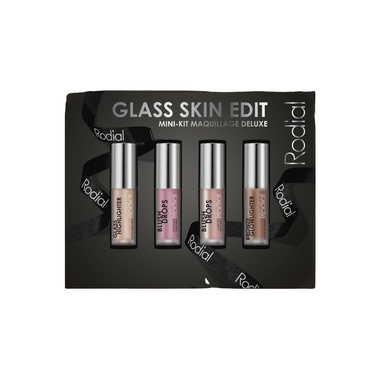 Rodial Glass Glow Edit - Blush Drops - Frosted Pink, Blush Drops - Sunset Kiss, Bronze Glowlighter, Glass Highlighter | Luxurious Makeup Kit | Beauty Gift