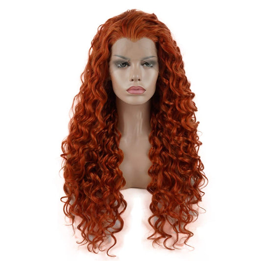 Lushy Hair Synthetic Lace Front Wig Curly Long 26inch Red and Blonde Mix Half Hand Tied Heavy Density Realistic Wig