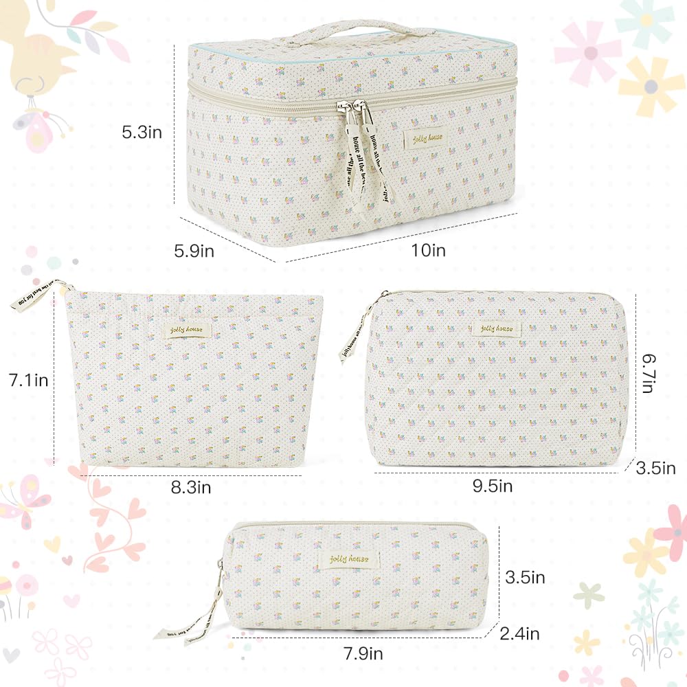 Cessfle 3PCS Cotton Quilted Makeup Bags, Cute Flower Makeup bag Coquette Aesthetic Cosmetic Bag Large Floral Makeup Bag for Women