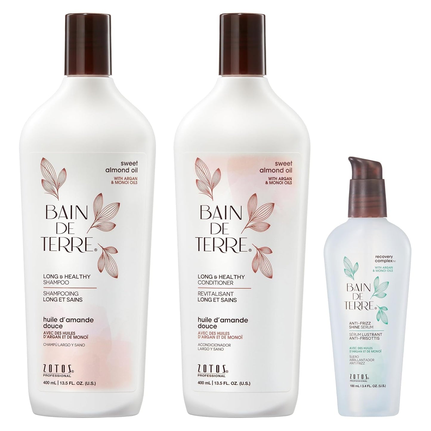 Bain de Terre Long & Healthy Shampoo and Conditioner Set & Shine Serum | Sweet Almond Oil | Fortifies & Strengthens Long, Growing Hair | Paraben Free | Color-Safe | 13.5 Fl Oz