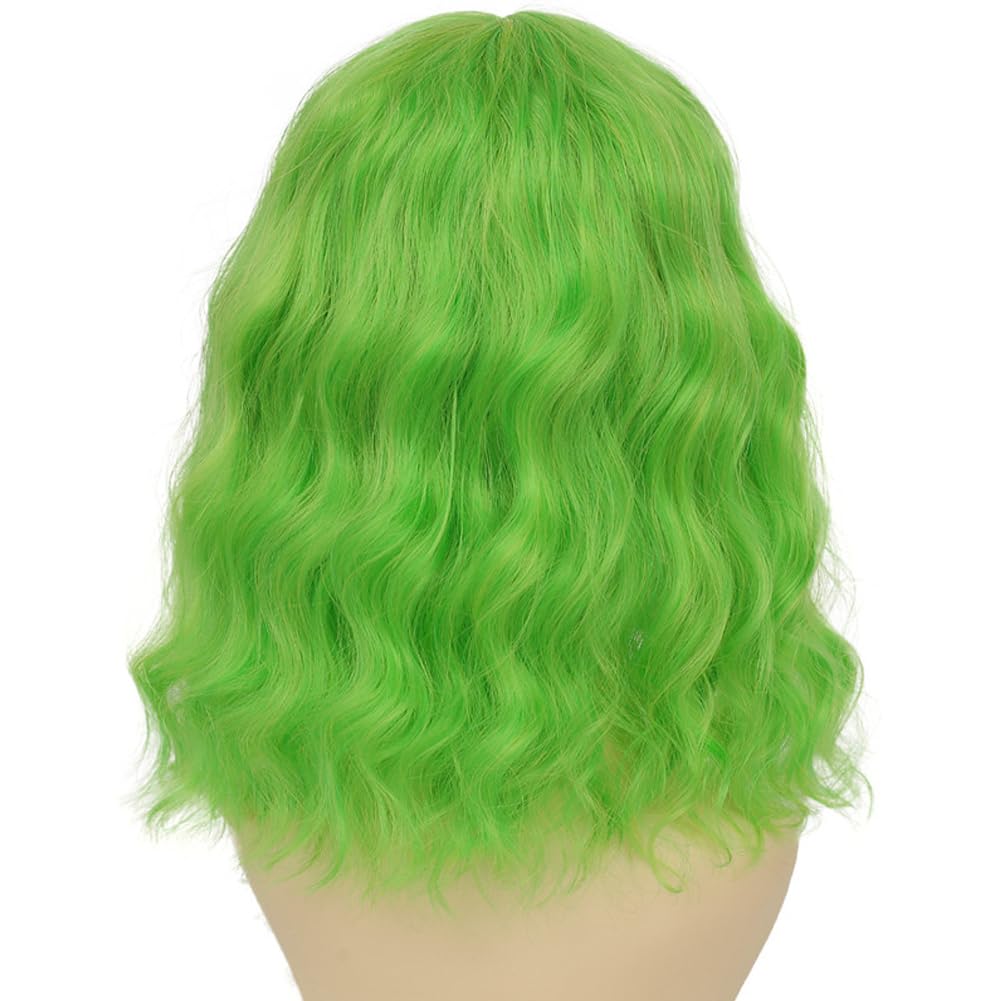 Dai Cloud Lime Green Wigs with Bangs For Women Short Bob Wavy Curly Cosplay Halloween Wigs Bob Party Wig Include Wig Cap