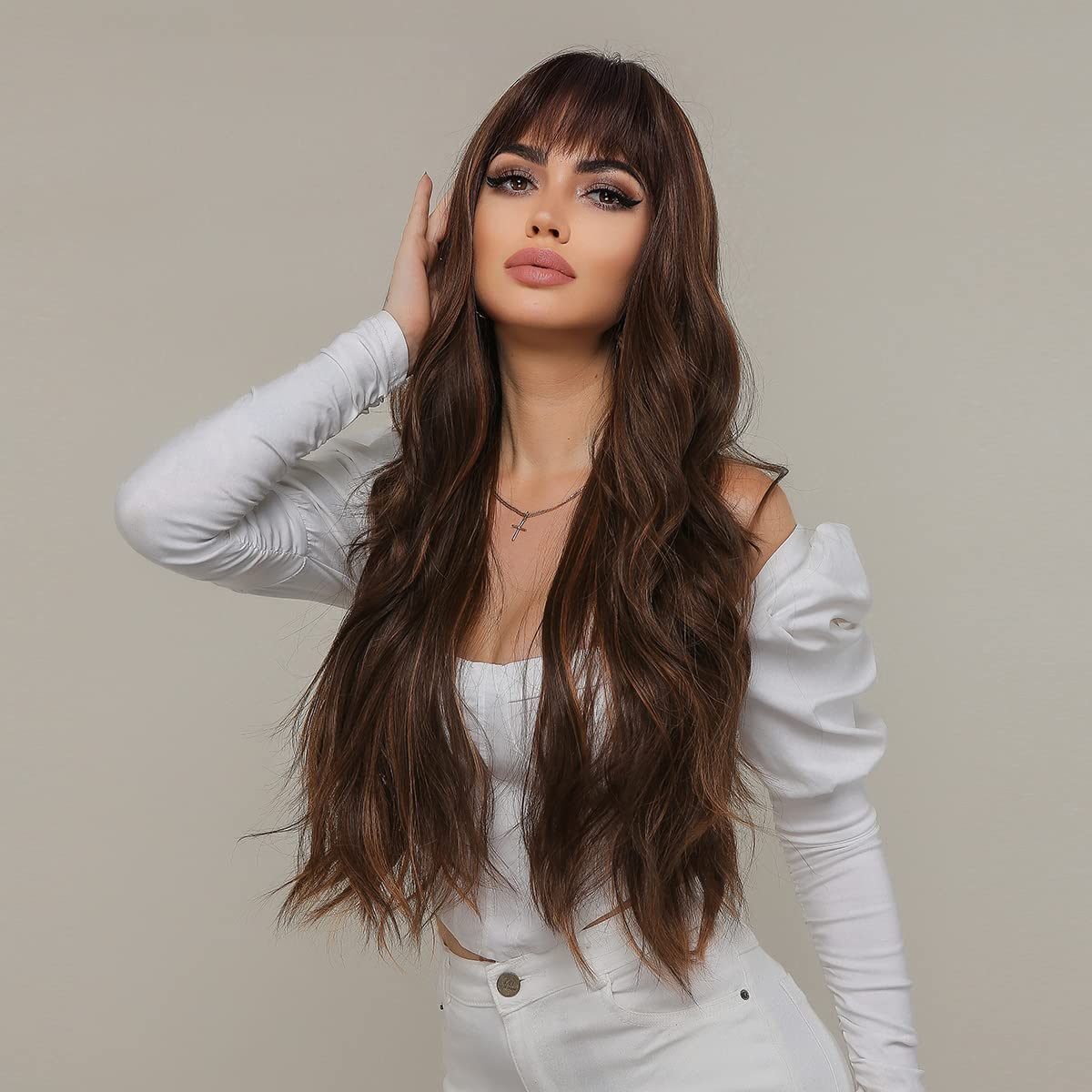 BERON Brown Wig Long Wavy Wig Brown Hightlight Wig with Bangs for Women Brown Wig with Dark Roots Long Wig Brown Synthetic Wig with Wig Cap