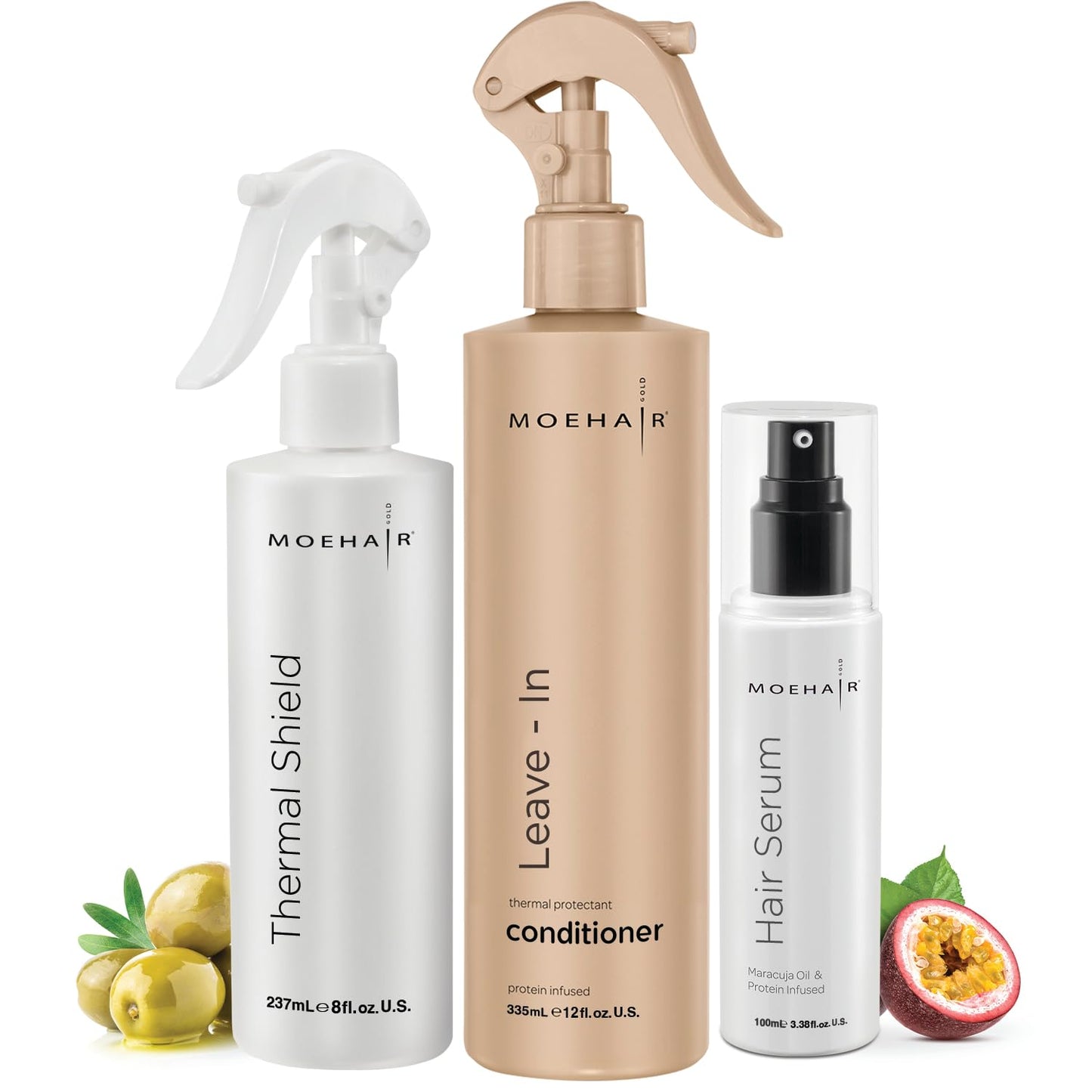 MOEHAIR TRIO of Heat Protectant Spray, Leave In Conditioner and Hair Serum | Heat Defense | Adds Shine and Smoothens | Nourishes and Hydrates | Perfect to prepare hair for intense styling