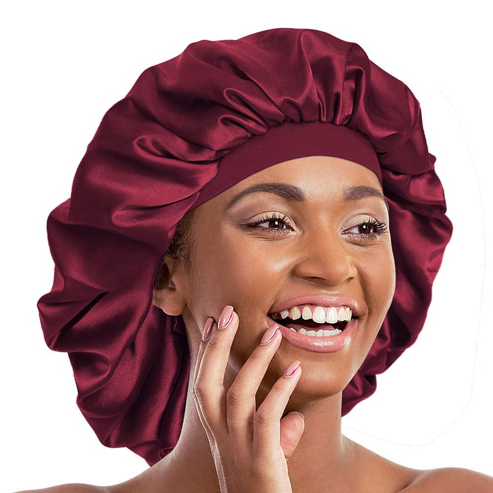 Silk Satin Bonnet Sleep Cap Extra Large for Braids Locs Curls Hair Wine Red