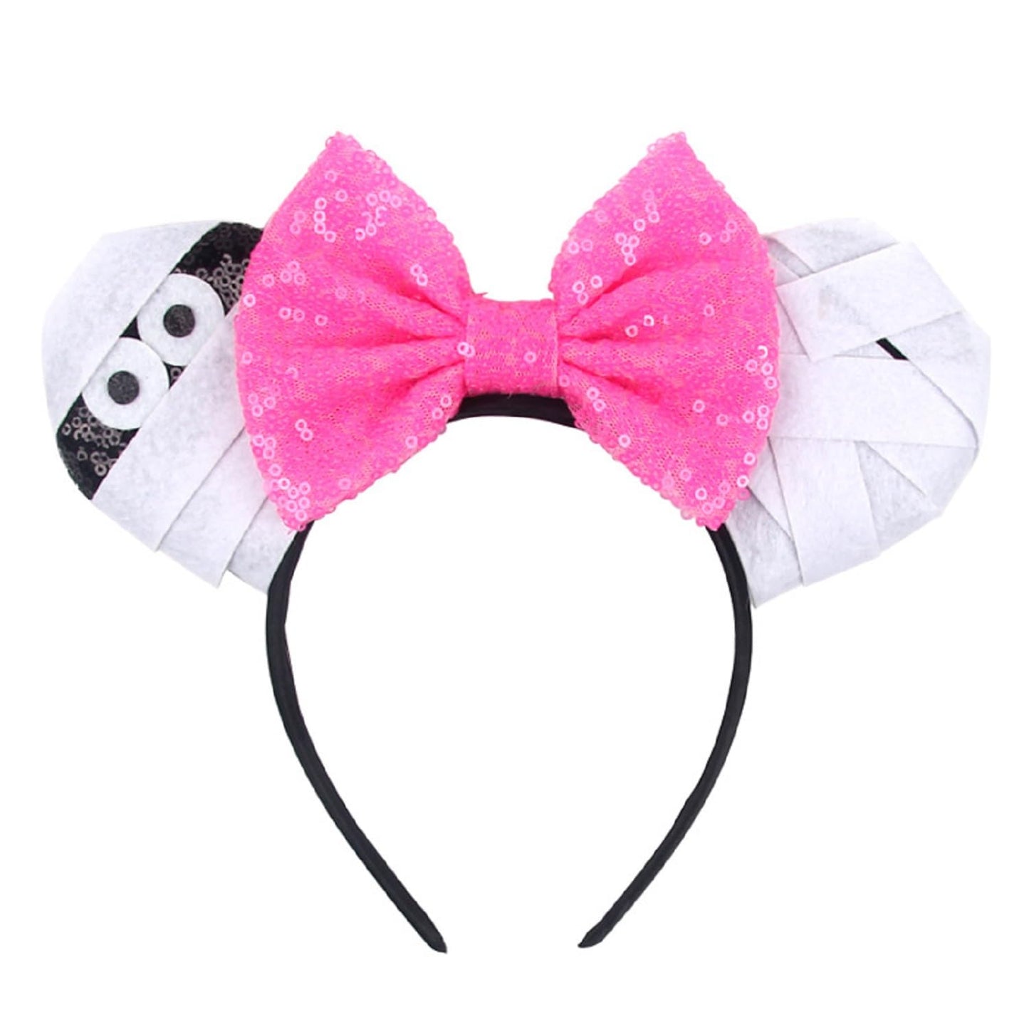 LSHDXD Hairband, Hand-made Halloween Mouse Ears Bow Headband with Adjustable Size, White & Pink Glitter Sequin Spider Web Design, One Size, Hair Accessories for Women