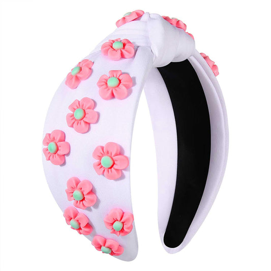 mokkia Summer Headband for Women Beaded Flower Palm Leaf Watermelon Fruit Headband Rhinestone Jeweled Knotted Headband Boho White Pink Wide Top Knot Headband Summer Beach Hair Accessories (Flower B)