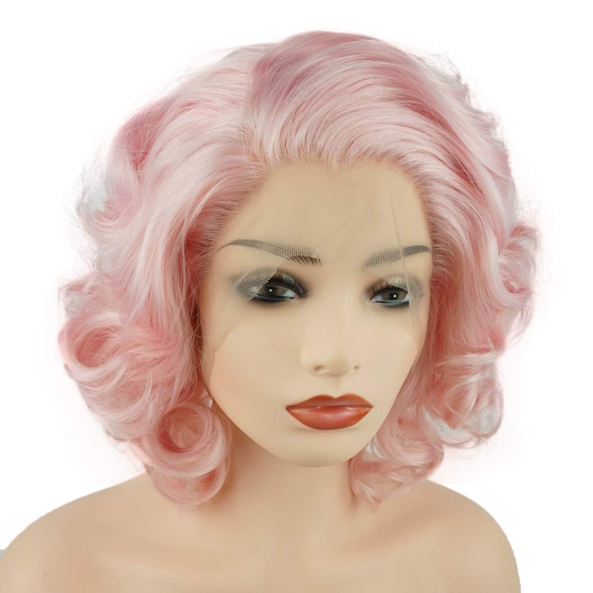 Meiyite Hair Wavy Short 10inch Pink Heavy Density Half Hand Tied Realistic Synthetic Lace Front Wigs