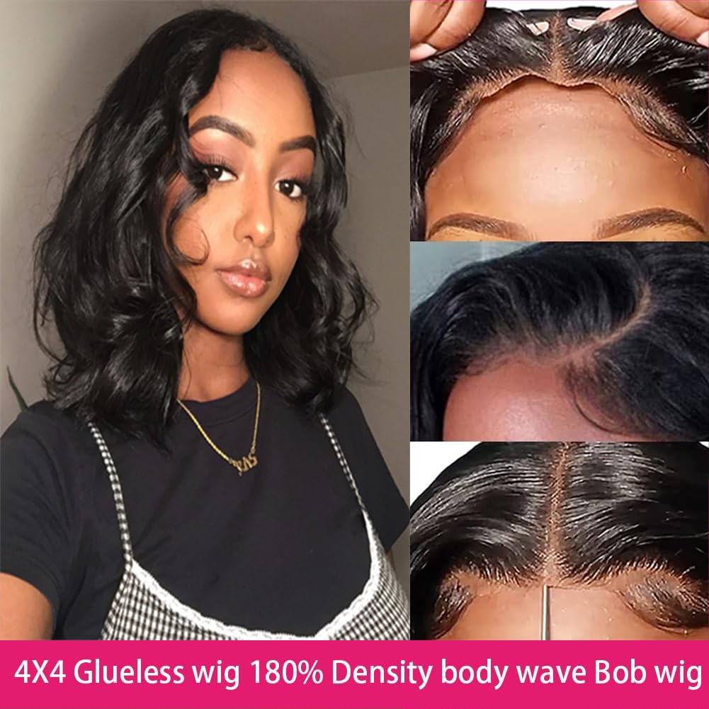 Glueless Short Bob Wig Pre Plucked Wear and Go Glueless Wig Body Wigs Lace Front Wigs Human Hair Upgraded No Glue 4x4 Lace Closure Wigs Human Hair for Black Women Natural Hairline (14lnch)