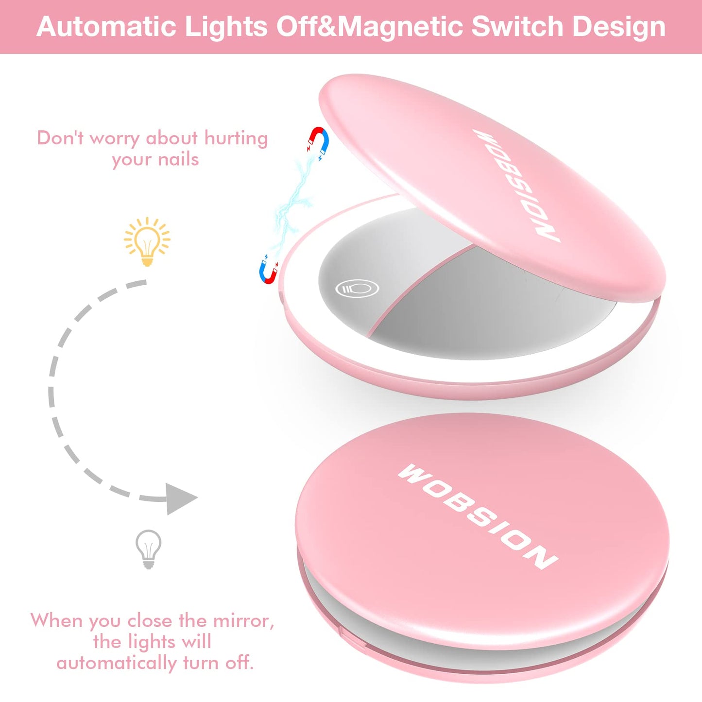 wobsion Rechargeable Compact Mirror, 1x/10x Magnification, Dimmable, Portable, LEDs, 4in Handheld, Pink