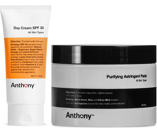 Anthony Day Cream SPF 30 Men’s Face Moisturizer with Sunscreen 3 Fl Oz Witch Hazel Pads Pore Cleaner: 60 Count, Purifying Astringent Cleansing Toner Pads