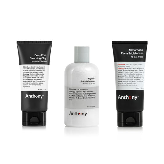 Anthony Press Reset Trio, Deep Pore Cleansing Clay, Glycolic Facial Cleanser and All-Purpose Facial Moisturizer