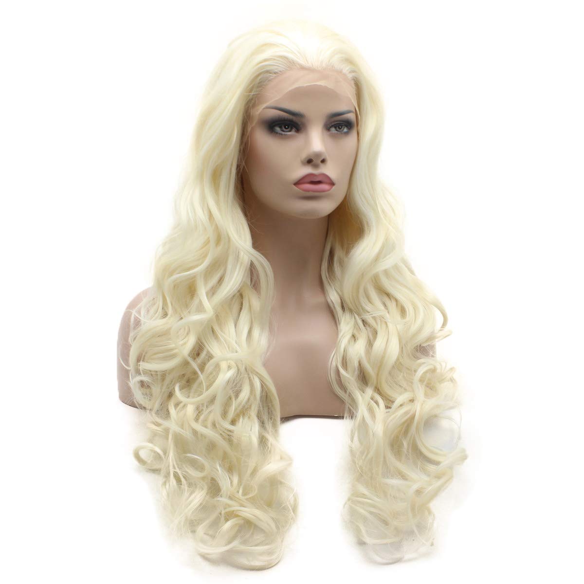 Lushy Wavy Long Light Blonde White Mix Wig Half Hand Tied Heat Resistant Synthetic Lace Front Wigs