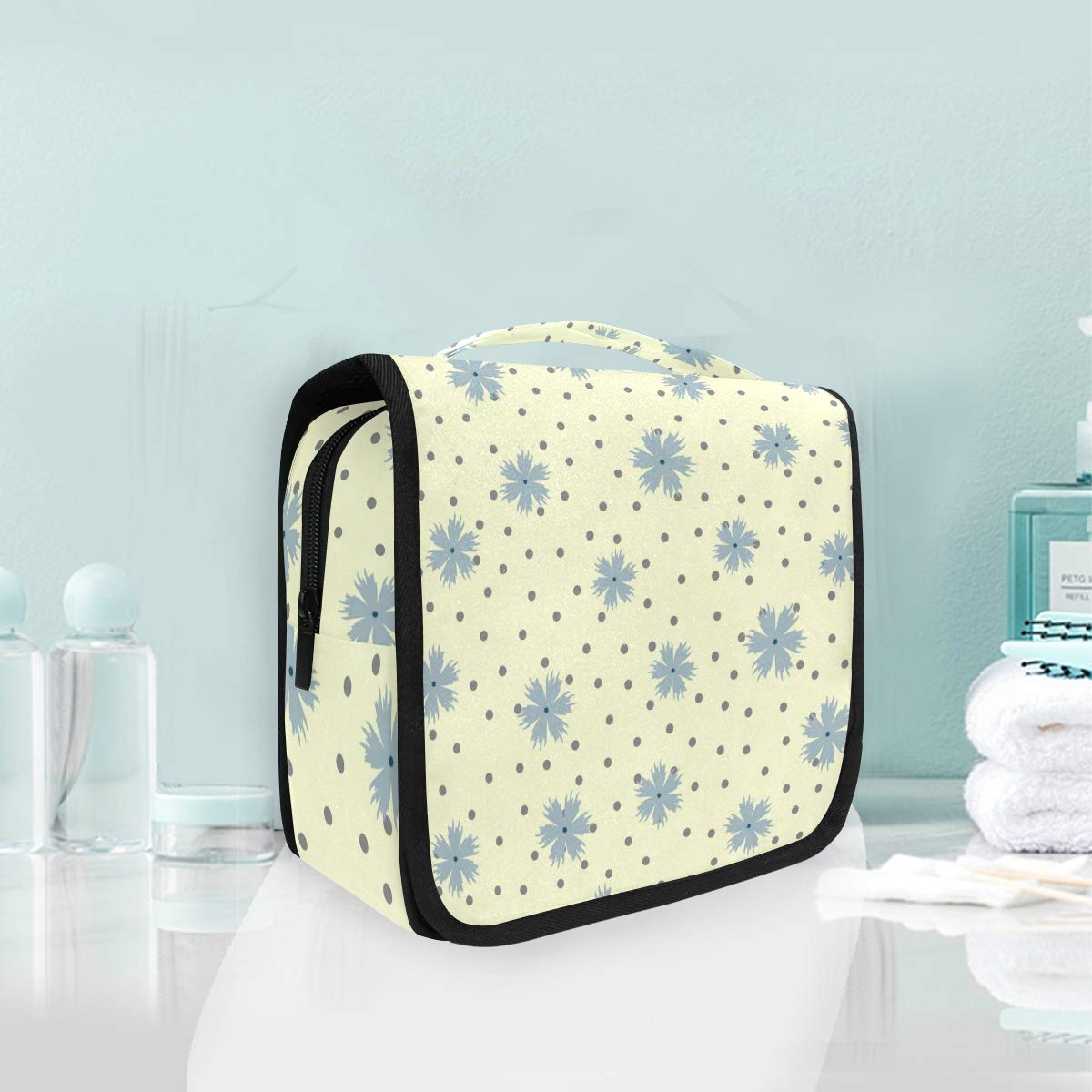 Hanging Travel Toiletry Bag Flowers Round Dot Kit Makeup Case Cosmetics Organizer for Men Women overnight