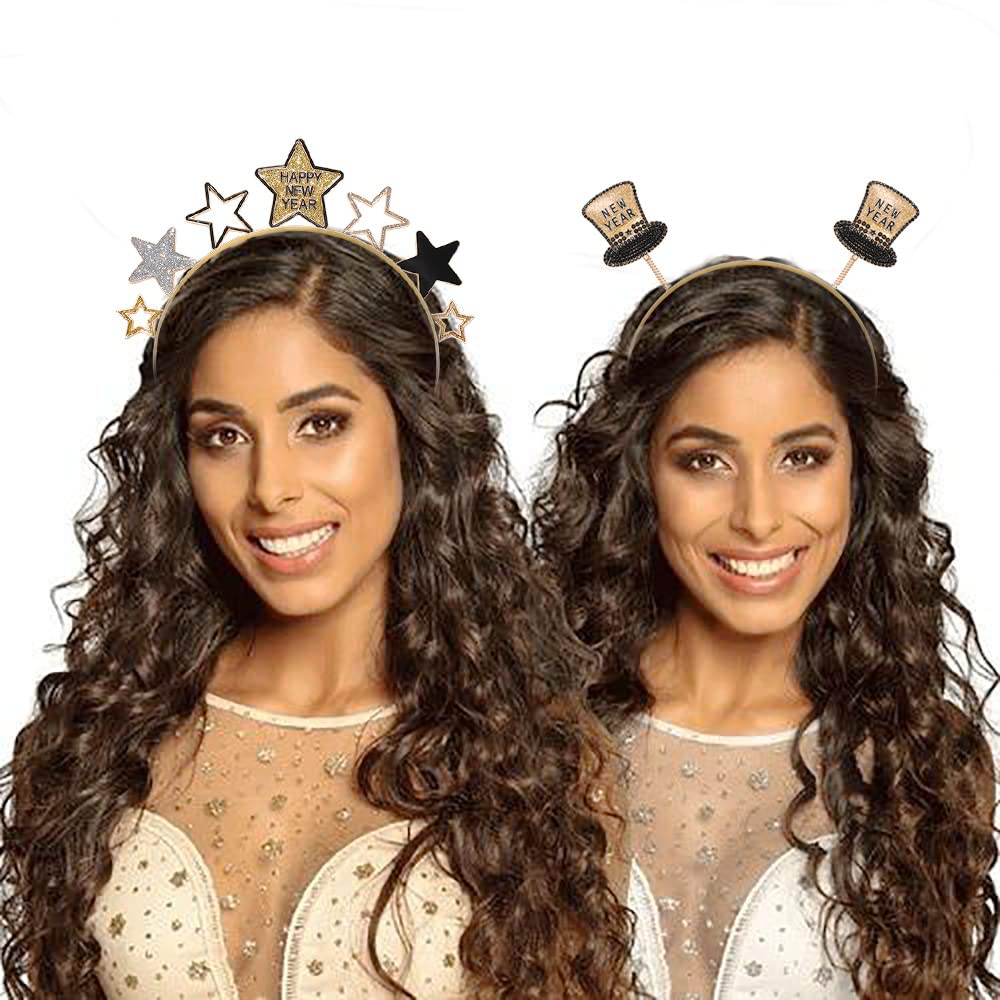 HEIDKRUEGER Happy New Year Headband Glitter Gold Star Headbands Black and Gold Hat Tiara Hairbands for Women New Years Eve Party Supplies Gifts (Hat-NEW YEAR)