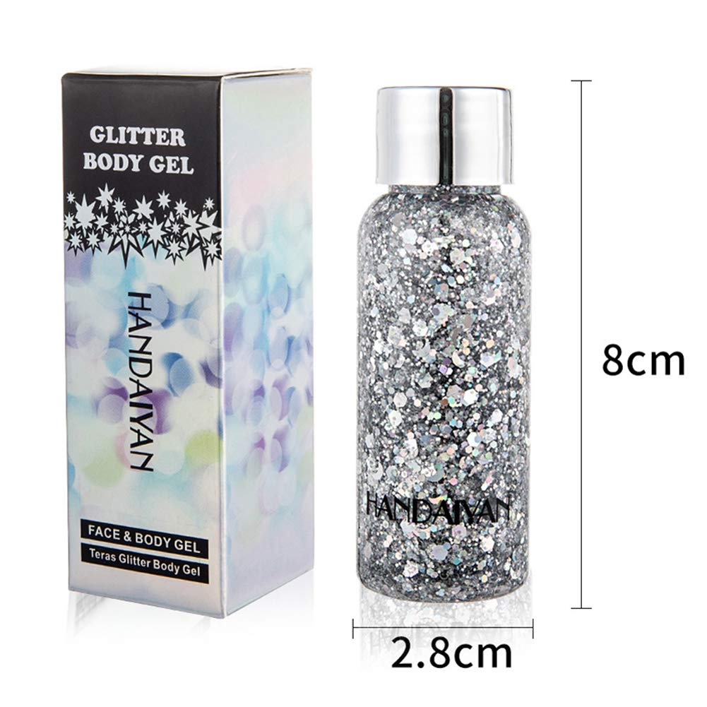 GL-Turelifes Mermaid Sequins Chunky Glitter Liquid Eyeshadow Glitter Body Gel Festival Glitter Cosmetic Face Hair Nails Makeup Long Lasting Sparkling 30g (White+Silver)