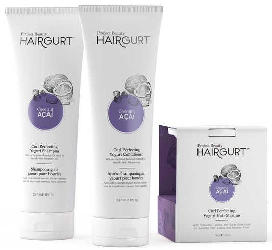 Hairgurt Curl Perfecting Yogurt Hair Care 3-Piece Set -Coconut-Acai - Natural Shampoo, Conditioner, and Hair Mask for Wavy, Oily & Curly Hair, Hair Products (Curl Perfecting Yogurt Hair Care Set of 3)