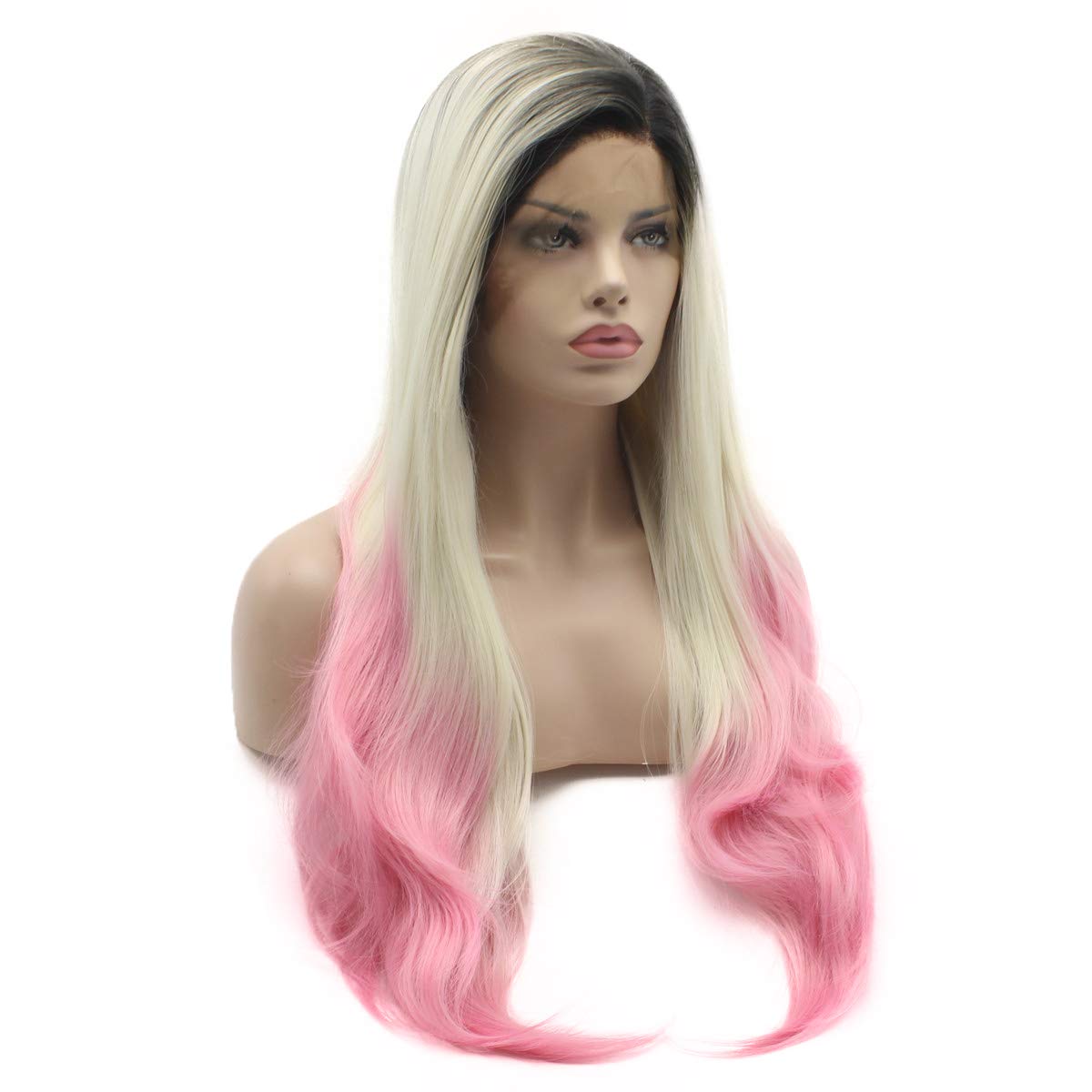 Lushy Straight Extra Long 28in Black Root Light Blonde Pink Ombre Wigs Heavy Density Heat Friendly Synthetic Lace Front Wigs