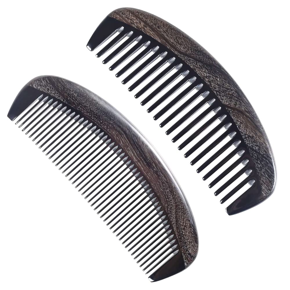 Onedor Handmade 100% Natural Chacate Preto Wood Hair Combs - Anti-Static Sandalwood Scent Natural Hair Detangler Wooden Comb (Oval Wide Tooth Fine Tooth Set)