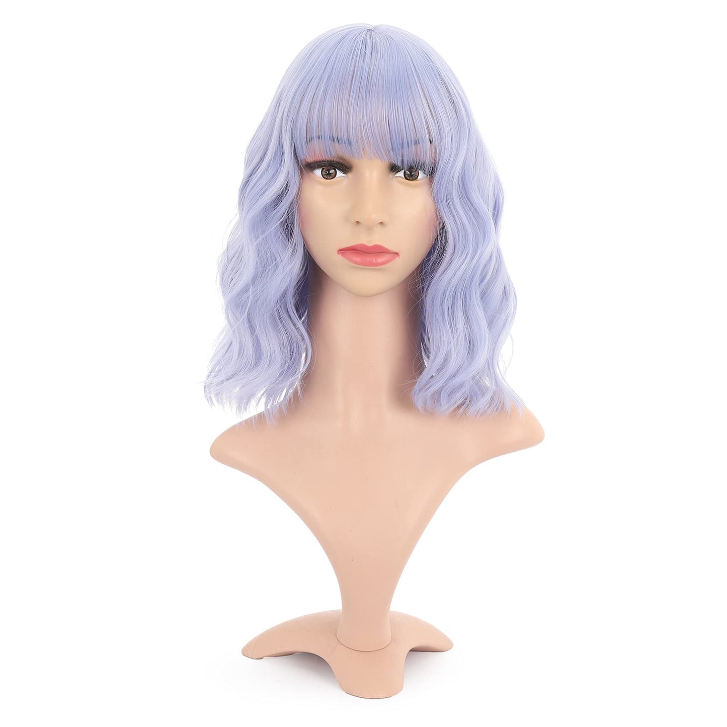 VCKOVCKO Natural Wavy Wig With Air Bangs Short Bob Grey Blue Wigs Women's Shoulder Length Wigs Curly Wavy Synthetic Cosplay Wig Pastel Bob Wig for Girl Colorful Wigs(12",Grey Blue)