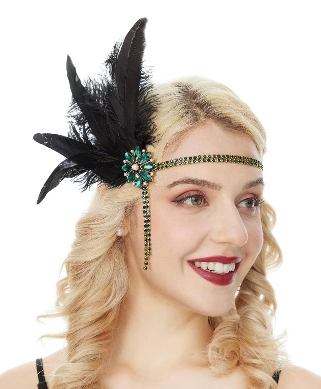 Yunyuebridal Vintage Gatsby Themed Party Headband Flower Crystal with Tassel Halloween Christmas Cosplay Costume Headpieces for Women,Green